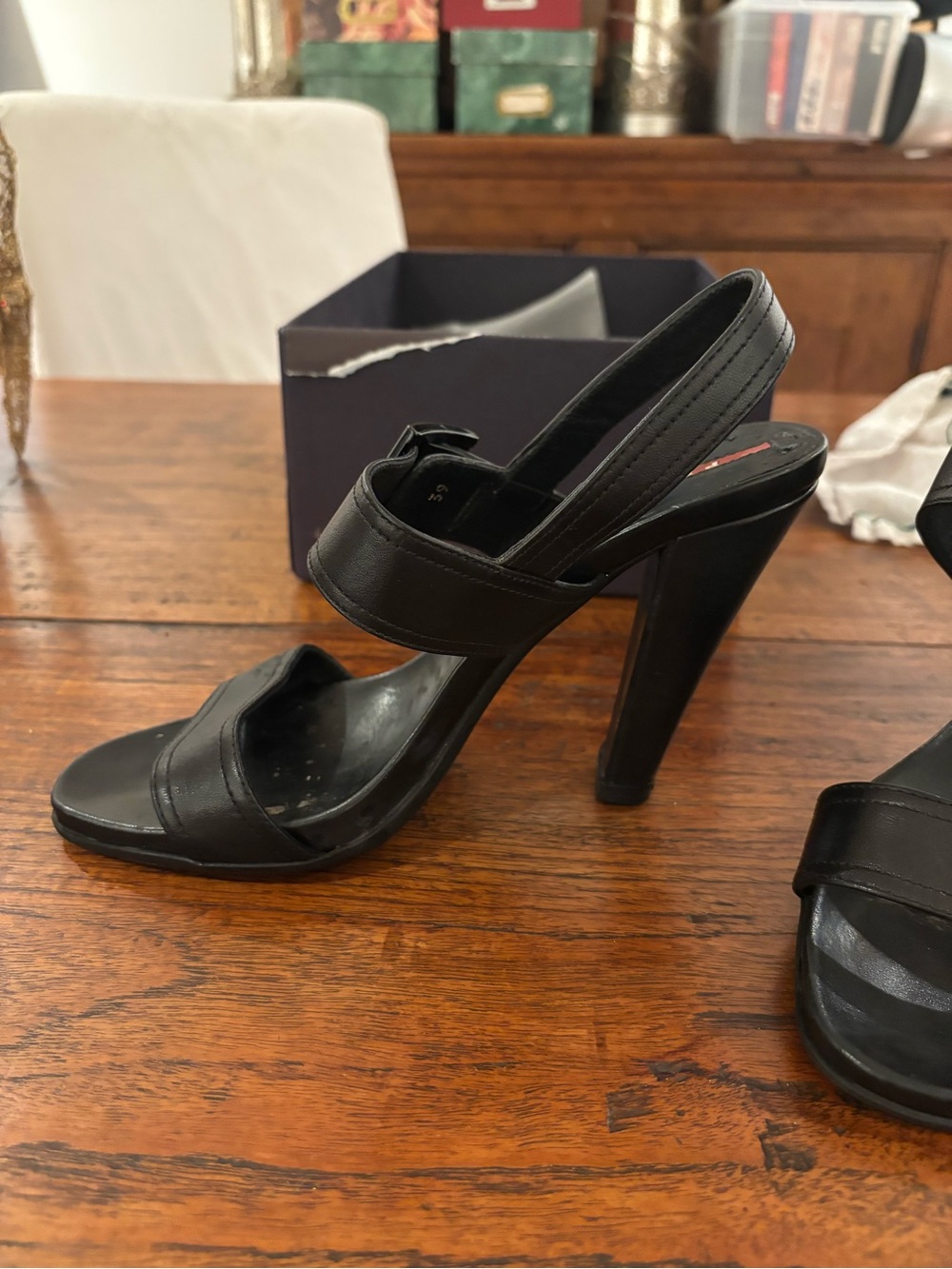 Prada Black Leather Slingback High Heel Sandals